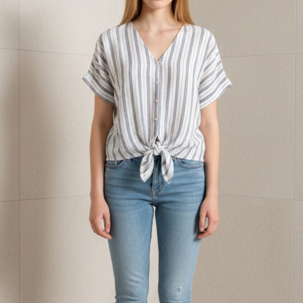 Vixbe Striped Button-Front Tie Hem Blouse, Size Small